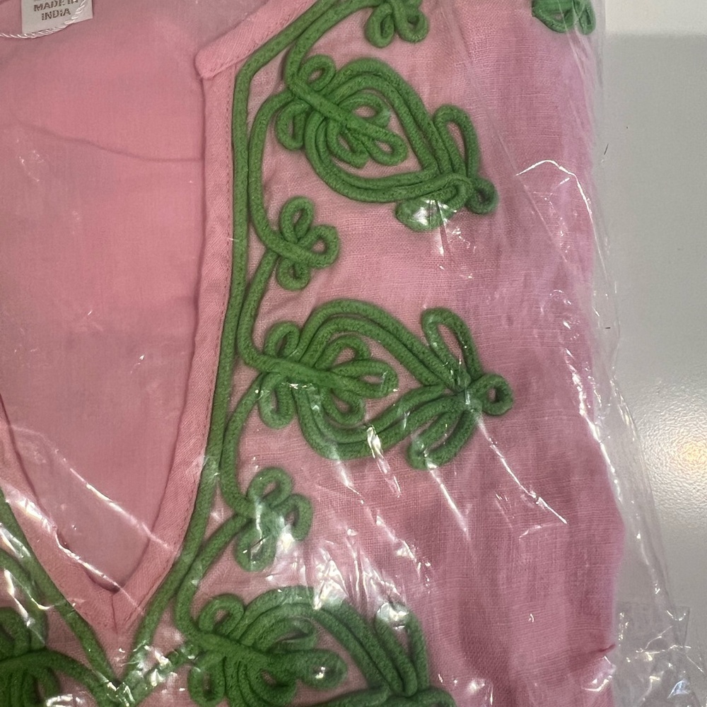 Lilly Pulitzer Pink Maxi Linen Caftan Ariella Green Embroidery - Picture 12 of 17